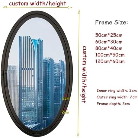Oval Rotating Aluminum Sliding Window for House, Black Privacy Glass Porthole Door, Rainproof & Silent Design, Ideal for Basements & Bathrooms, 50x25cm