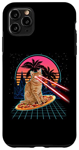 Custodia per iPhone 11 Pro Max Cat Riding Pizza Laser Eyes 80s Cat In Space Cats Lovers