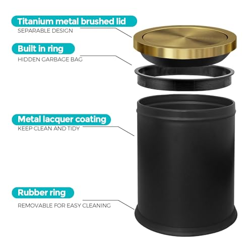 Image of 4 Gallon Black Gold Bathroom Trash Can, Stainless Steel Waste Basket, Large Capacity Garbage Can, for Bedroom Kitchen Office Hotel (Black)