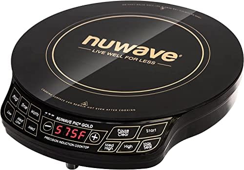 Nuwave Gold Precision PIC Induction Cooktop with a black shatter-proof ceramic glass top and a digital sensor-touch panel showing the temperature set to 225°F for slow simmering, the 8-inch heating coil illuminated under a stainless-steel saucier, the Nuwave logo across the bottom — 96 preset temperatures from 100°F to 575°F in 5°F increments make this the finest-grain temperature control on this list and the right pick for slow simmering, yogurt-making, and sustained-high-temp searing