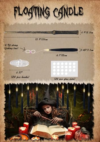 Image of GenSwin Flameless Floating Candles Wand Halloween Decorations Black 22pcs | 6H Timer, Battery Operated Hanging Window Candles, 24 Sticky Hook & Glue Dots, 0.45 x 6.1 In, 4.9 Ft Fishing Line
