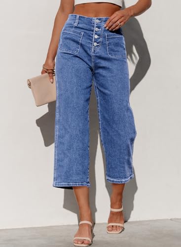 Sidefeel Women's Capri Pants Trendy Wide Leg Jeans High Waisted Stretchy Loose Cropped Denim Pants2
