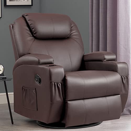 Shahoo Pu Leather Chair With Massage Function Adjustable Home Theater Single Recliner Thick Seat And Backrest, 360° Swivel And Rocking Sofa For Living Room, Attractive Brown #TOP1
