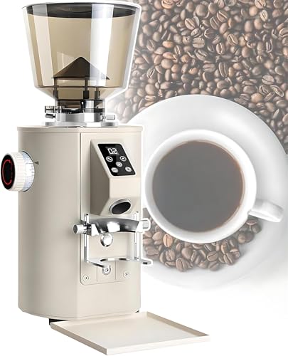 AYCDL Molinillo De Café Eléctrico, Molinillo De Café De Muelas Planas De Acero Inoxidable De 64 Mm, Soporte De Portafiltro Ajustable Y Pantalla Táctil Led para Cafeterías.,White