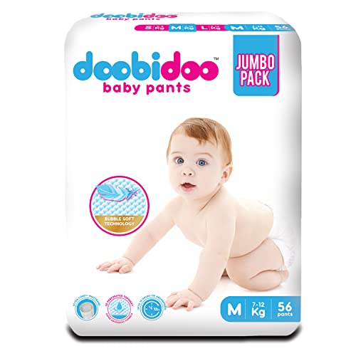 Image of Doobidoo Baby Pants Diapers - M Size | All Round Softness with Bubble Soft Topsheet & Anti-Leak Side Cuffs | High Absorbency for Comfort & Protection (7-12 kg) - Pack of 1 | 56 Count