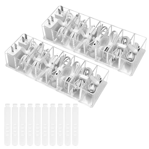 Lot de 2 Boite Rangement Cable et Chargeur avec 8 Compartiments-10 Attaches, Organisateur Câble Transparente, Cable Storage Box, Organiseur de Câbles, pour...