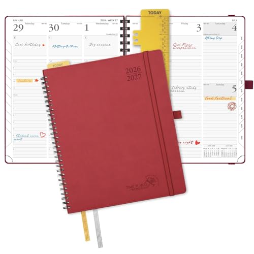 POPRUN Planner 2026-2027 (Large - 8.5'' x 10.5'') Academic Weekly Calendar (July 2026 - June 2027) with Hourly Time Slots, Monthly Tabs, 100GSM Thick Papers, Spiral Leather Cover - Burgundy