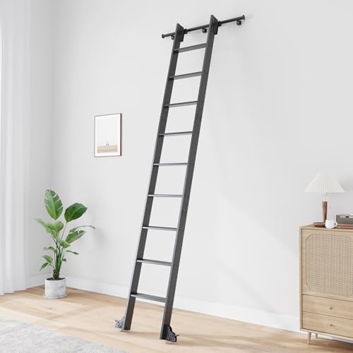 Image of Fredbeck 10ft Library Ladders Black Aluminium 120 inch with 4FT Sliding Track | Rolling rollers,Bottom Wheel Included,for Kitchen,Loft,Warehouses,Bookstore,Atti,Dressing Room,Metal