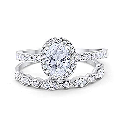 Blue Apple Co. Halo 2-Piece Art Deco Wedding Engagement Bridal Set Ring Band Oval Round Simulated Cubic Zirconia 925 Sterling Silver Size-6