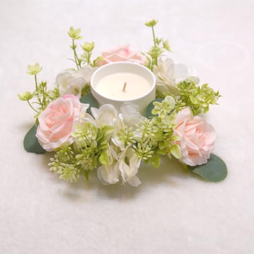 Huilimei 4 Stück Kerzenringe, Kränze, künstliche Hortensienkranz, Kerzen, Kränze für Säulen, Weihnachten, Hochzeit, Zuhause, Tischdekoration, Rosa
