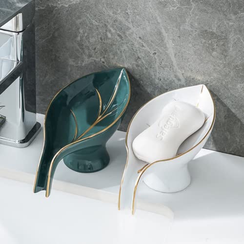Ceramic Soap Rack Leaf Shape Tilt Soap Rack Soap Dishes For Bar Soap Self Draining Suction Cup Adsorption For Wash Basin, Bathroom, Shower, Kitchen(Leaf Soap Dish - White) #TOP1