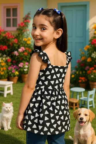 Image of Maaesa Girls Black Geometric Printed Cotton A-Line Top | Short Sleeves | Square Neck | Lightweight & Breathable | Casual