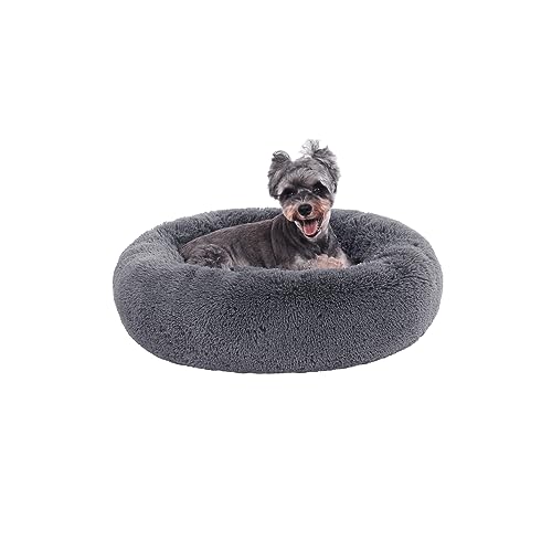 PuppyPalace 23" Calming Dog Bed,Anti Anxiety Donut Dog Bed,Plush Round Pet Beds for Small Dogs,Fluffy Faux Fur Cat Bed,Washable Cuddler Dog Bed(Dark Grey,Small)