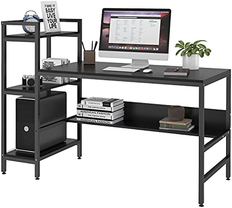Dripex Computer Desk with 4 Tier Storage Shelves - 41.7'' Student Study Table with Bookshelf Modern Wood Desk with Steel Frame Home Office Workstation (Black)