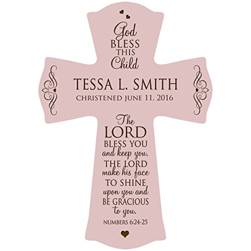 Image of LifeSong Milestones Personalized Baptism 1st Holy Communion Christening Wall Cross Decoration God Bless This Child the Lord Bless You and Keeps You (8.5 inch x 11 inch, Pink)