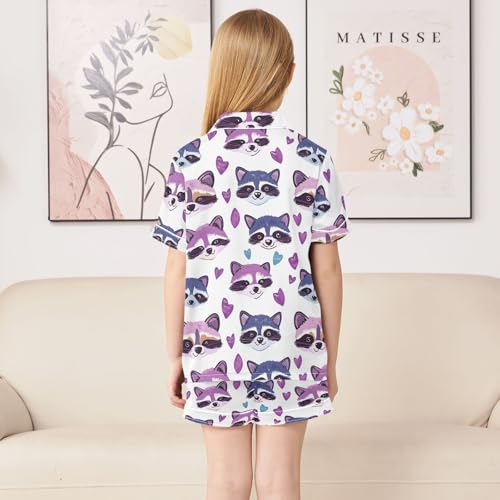 Little Purple Raccoon Summer Satin Pajama Set, Cute Button-Down Sleepwear Pj Set for Sleep Wears4
