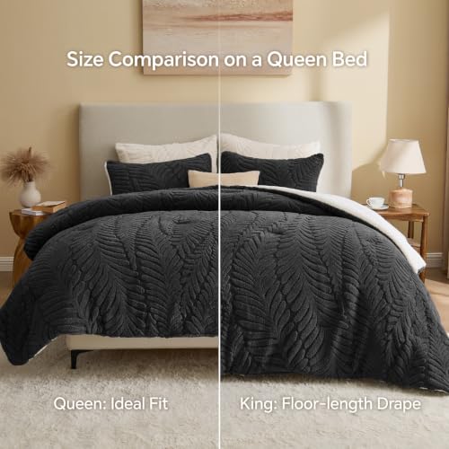 Image of BEDELITE Fluffy Sherpa King Comforter Set,Leaf-Black