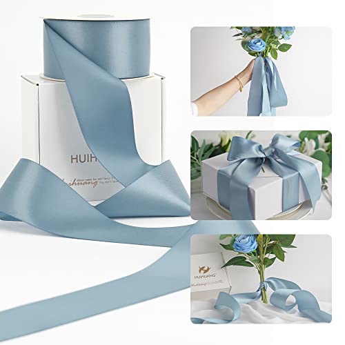 HUIHUANG Dusty Blue Ribbon 2 inch Wide Double Face Blue Satin Ribbon for Flower Bouquet Dusty Blue Silk Satin Ribbons for Wedding Invitation Gift Wrapping Holiday Decor Bows Making -25 Yards/Roll