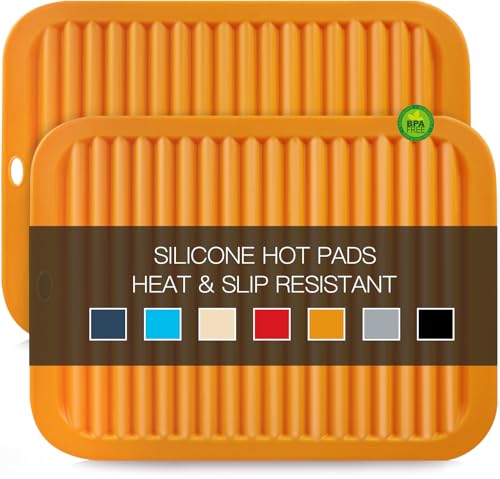 Image of Silicone Trivets for Hot Pots and Pans, 9 * 12 inch Orange Silicone Hot Pads Pot Holders for Kitchen, 2 Pack Trivet Mat for Hot Dishes, Hot Pot Mats Hot Plates for Table Hot Dishes, Jar Opener
