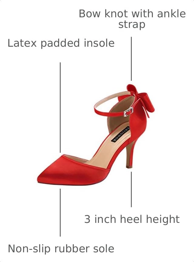 Image of ERIJUNOR Wedding Evening Party Shoes Comfortable Mid Heels Pumps with Bow Knot Ankle Strap Wide Width Satin Shoes