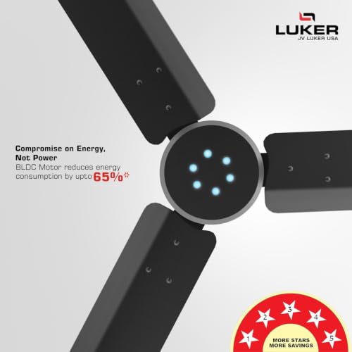 Image of LUKER JVLuker USA Aerozen Plus 1200mm BLDC Ceiling Fan with IR Remote BEE 5 Star 65% Energy Saving High Air Delivery Low Noise LED Indicator Reverse Mode for Living & Bedroom (Black- Mat Finish)