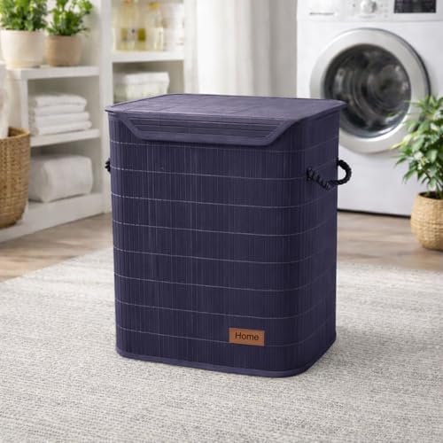 Image of Amazon Brand - Umi Rectangle Bamboo Laundry Basket for Clothes with Lid Strap Lock | Eco-Friendly, Foldable & Lightweight Organizer (Navy, 40x30x50 cm, Pack of 1)