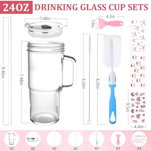 Image of Birity 24oz Glass Tumbler with Handle, 2 Pack Pink Bow Cups with Lids, Straws & Decor Stickers, Reusable Iced Coffee Cup for Boba Tea, Smoothies, Juice, Christmas Holiday Gift for Women