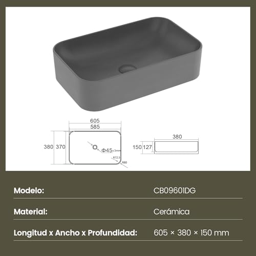 EMKE Rechteckiges Aufsatzwaschbecken, 61 x 38 x 15 cm, Waschbecken für WC, Keramikwaschbecken für Badezimmer, Mattgrau