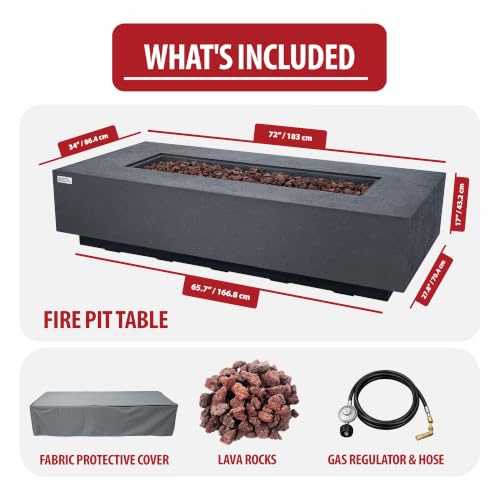 Image of AMS Creations | Savanah 72 inch Rectangular Cast Concrete Natural Gas Fire Pit Table | Dark Gray | Travertine Texture Surface | Electronic Ignition | Outdoor Patio Heater Outside Backyard Fireplace