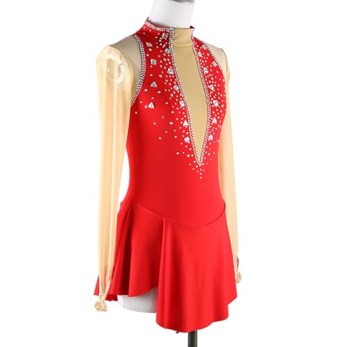 DIJITOO Vestido de patinação artística, mangas com costura de strass, fantasia de competição, collan