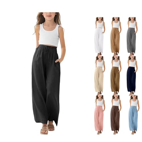 Girls Oversized Wide Leg Sweatpants Kids Baggy Straight Leg Track Linen Pants Casual Plain Pockets Joggers