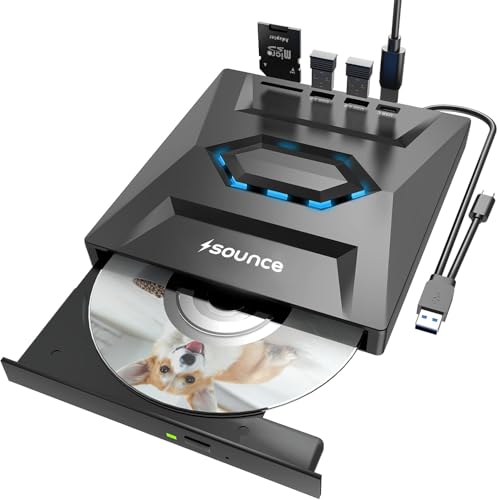 Image of Sounce USB 3.0 & Type C External CD DVD Writer RW Optical Drive CD /DVD ROM + /- RW Burner Drive with SD /TF Card Reader Ports, USB 3.0 to C Hub for Laptop, PC, MacBook, Desktop, Notebook, Black