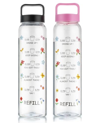 Clazkit Plastic Motivational 1000ml Water Bottle Black & Pink - Time Markers & Inspirational Slogans Mentioned Encourages More Water Intake, Easy-to-Carry Handle- Set of 2