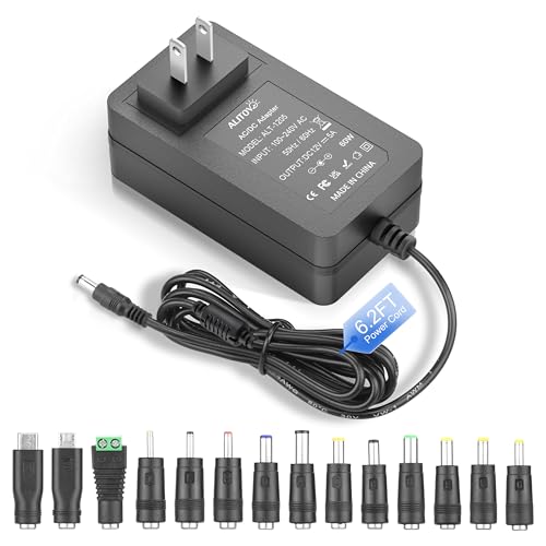 ALITOVE 12V DC Power Supply 5A AC Adapter 100~240V 50-60hz to 12 Volt 5 Amps Transformer 6.2FT with 14 Tips for LED Light CCTV Security Camera Speaker Router 12V Sceptre Monitor Power Cord