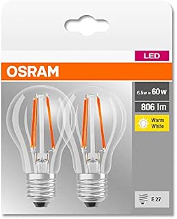 OSRAM LED BASE CLASSIC A / LED lamp, classic bulb shape, in filament style, with screw base: E27, 6 W, 220240 V, 60 W replacement, clear, 2700 K, 2pack