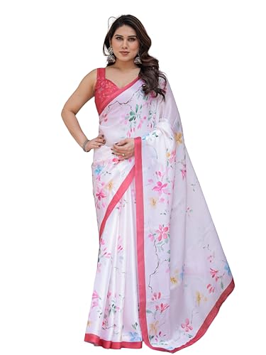 Image of ALMAARI FASHION Women's Floral Printed Georgette Satin Saree with Unstitched Blouse Piece | Traditional Ethnic Wear Sarees | Soft Lightweight Ethnic Office Wear Daily Wear Indian Sari (SG 181-190 F)