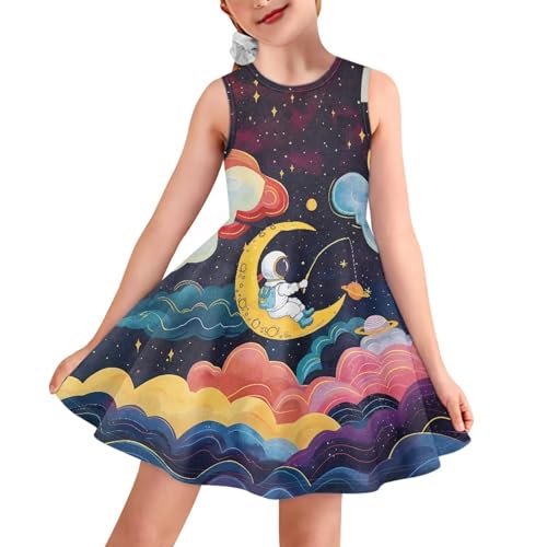 ZWPINITUP Vestido para niños, vestido de verano sin mangas y cuello redondo, ajolote rosa, para niños de 3 a 16 años, Astronaut Nebula Space, 11-12 años
