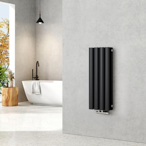 EMKE Radiatore piccolo 600 x 240 mm, ovale a pannello, attacco centrale, verticale, design, radiatore tubolare, doppio strato, nero, 248 Watt