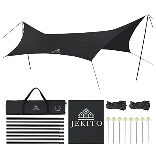 Jekito Tent Tarp, 18.04ftx9.58ft Waterproof Camping Tarp with 2 Spreading Poles, Camping Shelter, Car Awning Rain Fly Canopy, UPF50+ Ultralight Survival Equipment Camping Tent Gear Accessories