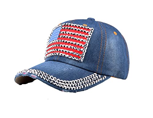 American Flag Bling Baseball Caps,Bling Usa Flag Hat For Man And Women (Denim Blue) #TOP1