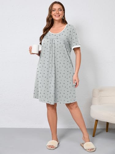 AusLook Plus Size Women's Nightgown 4X Bow Tie Grey Short Sleeve Sleep Dress Sleepwear Soft Sleepshirts Pleated Scoopneck Nightshirt Sleep shirts with Pockets — view 5