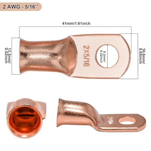 Image of iGreely 2 Gauge Battery Cable, 2 AWG Flexible Pure Copper Welding Battery Power Wire with 5 /16±Lugs, Heavy Duty Cable for Solar Automotive RV Marine DIY for Replacement Parts & Accessories 2ft /60cm