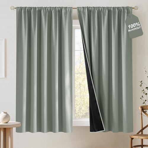 NICETOWN Sage Green Curtains 100% Blackout for Bedroom, Rod Pocket