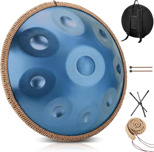 Handpan 22 Inches Drum Set, 440Hz 12 Notes Hand Drum Instrument, Premium Steel Hand Drum, Includes Carrying Case, Drumsticks, Spiral Wraps, Instruction Guide (22 Inches -9 Note -Blue)