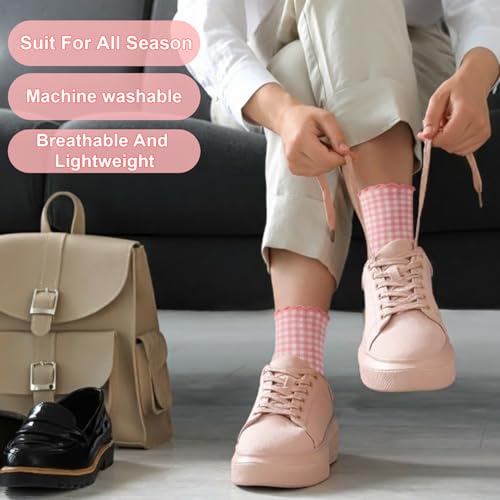Image of 6 Pairs Women Ruffle Striped Frilly Socks, Cute Checkered Ankle Sock for Women Cotton Knit Casual Crew Socks