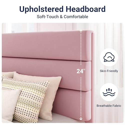 Allewie Twin Size Platform Bed Frame with Velvet Upholstered Headboard and Wooden Slats Support, Fully Upholstered Mattress Foundation/No Box Spring Needed/Easy Assembly, Pink