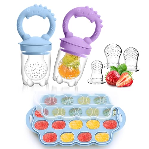 Image of Silicone Baby Fruit Feeder & Breastmilk Popsicle Mold Freezer Tray, 2 Pack Baby Food Feeder with 6 Food Pacifiers to Introduce New Foods Silicone Teething Toys (Purple+Blue)