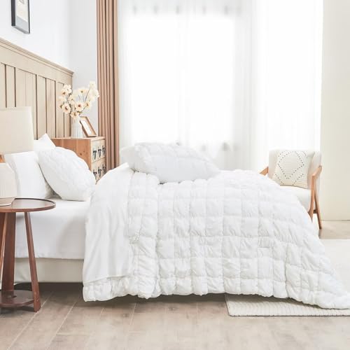 Image of White Comforter Set Full Size Bed in A Bag 7 Piece Pinch Pleat Bedding Set, Pintuck Ruched Square Bed Set with Comforter, Sheets, Pillowcases & Shams