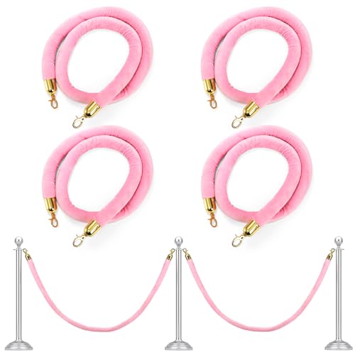 Okllen Lot de 4 cordes en velours rose de 1,5 m avec fermoirs dorés polis, cordes VIP à suspendre pour tapis rouge et rose