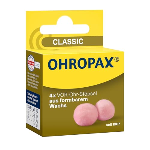 OHROPAX Classic Ohrstöpsel – VOR-Ohr-Stöpsel zum Schutz vor Lärm, Nässe und Wind – aus formbarem, anschmiegsamen Wachs – bequem und für alle Ohren geeignet – Schalldämmwert SNR 21 dB – 4 Stück